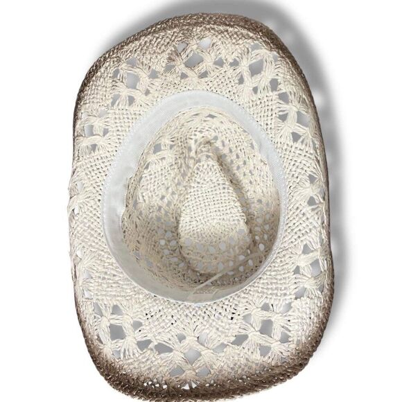 White Brown Western Straw Cowboy Hat Turquoise Beaded Band main image 4
